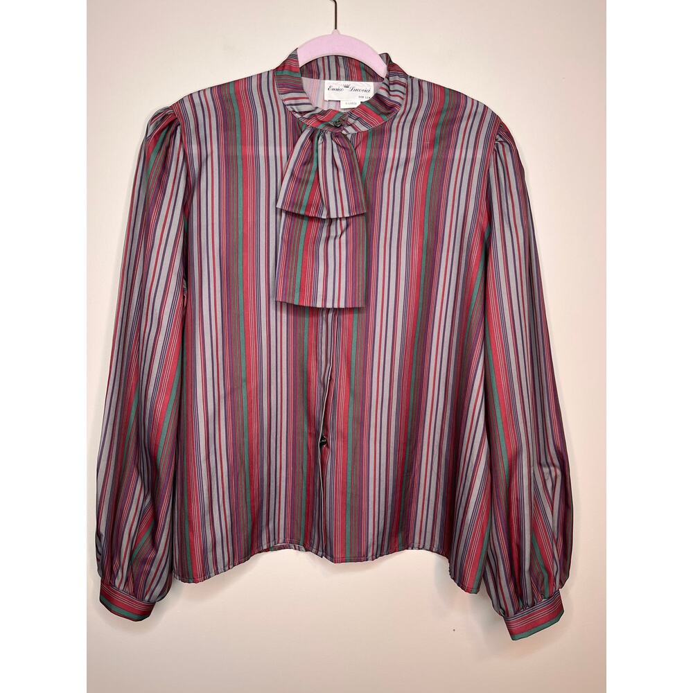 80s Enrico Lucovici Red Green Purple Stripes Halloween Victorian Ruffle Shirt XL